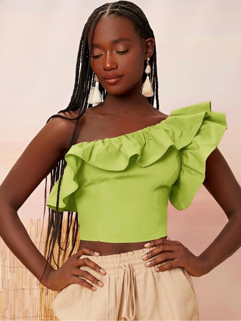 SHEIN One Shoulder Exaggerated Ruffle Top Lime Green Size Small
